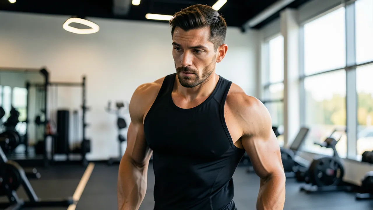 Eine fokussierte Sportlerin in einem modernen Trainingsraum, scharf im Vordergrund, mit unscharfer Sportausrüstung im Hintergrund und natürlich wirkendem Licht.